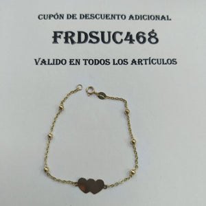 PULSERA TEJIDO ESPECIAL CON DOS CORAZONES 14K 18 CM 1.7 GR (NUEVO)