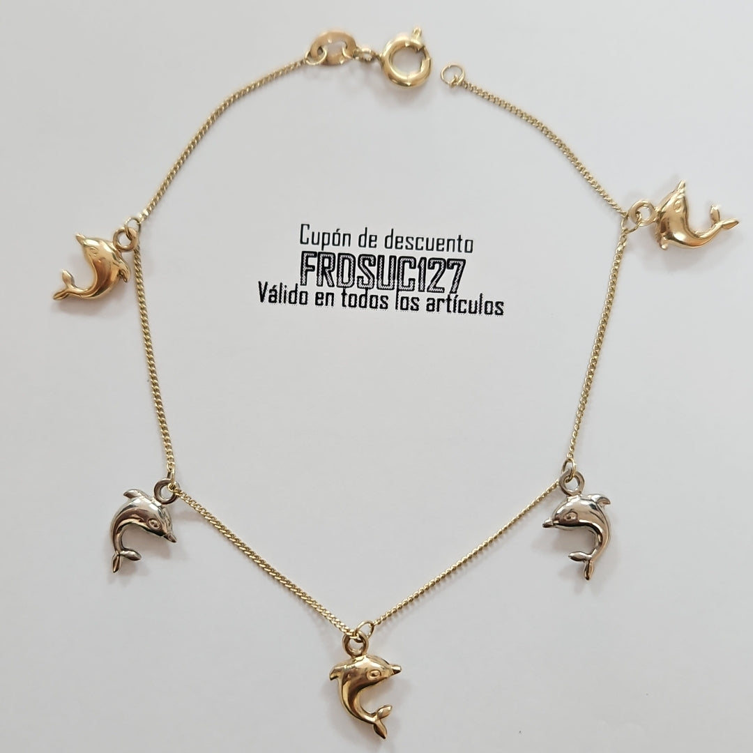 PULSERA ESPECIAL DIJES DELFINES 10K 18 CM 1.8 GR (NUEVO)