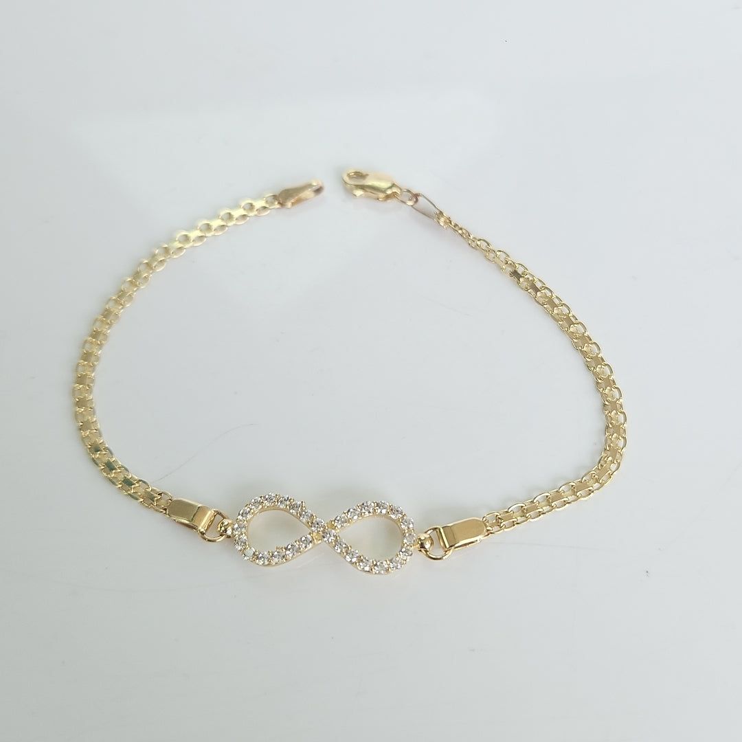 PULSERA TEJIDO ESPECIAL CON INFINITO Y CIRCONIAS 14K 18 CM 3.3 GR (NUEVO)