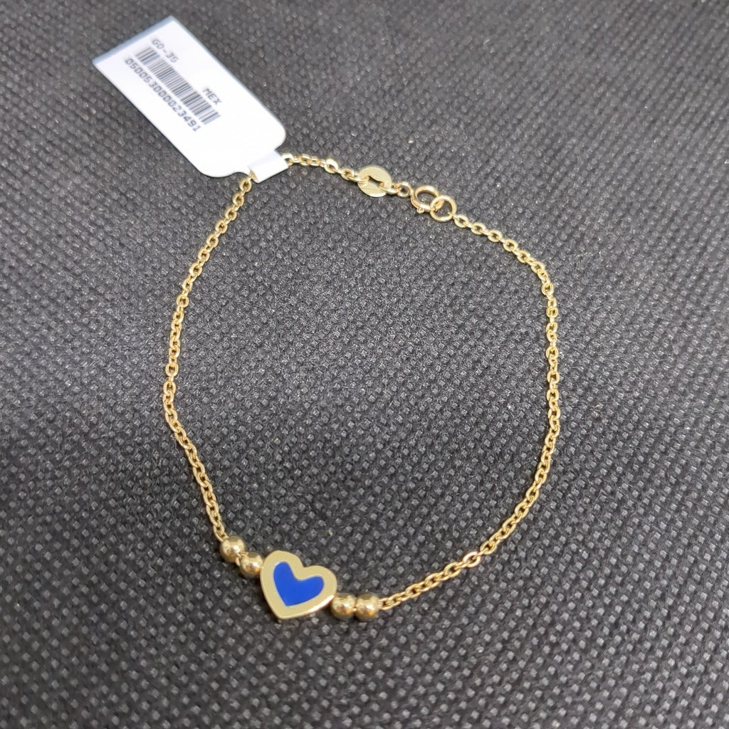 PULSERA TEJIDO ESPECIAL CON FIGURA CORAZON CON ESMALTE AZUL 14K 18 CM 1.9 GR (NUEVO)