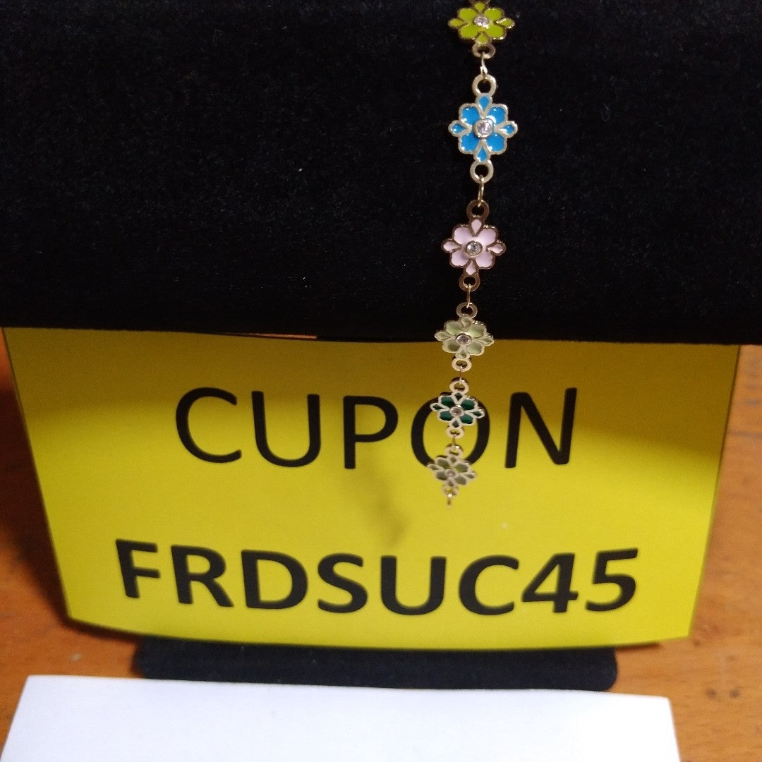PULSERA ESP CON FIG FLOR ESMALTADA CON CIRCONIA 14K 18 CM 4.6 GR (NUEVO)