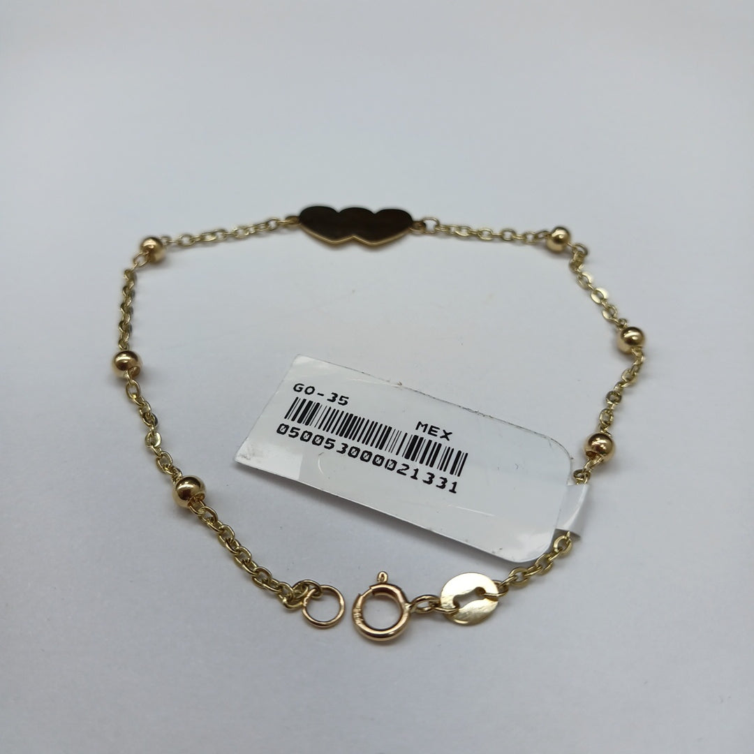 PULSERA TEJIDO ESPECIAL CON DOS CORAZONES 14K 18 CM 1.7 GR (NUEVO)
