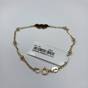 PULSERA TEJIDO ESPECIAL CON DOS CORAZONES 14K 18 CM 1.7 GR (NUEVO)