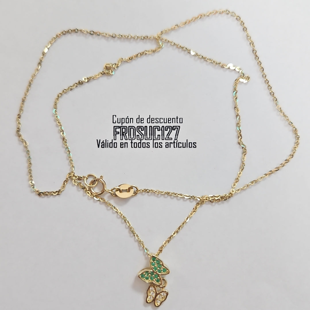 CADENA TEJIDO GARGANTILLA CON DIJE MARIPOSAS CIRCONIAS Y PIEDRAS DE COLOR 14K 45 CM 2 GR (NUEVO)