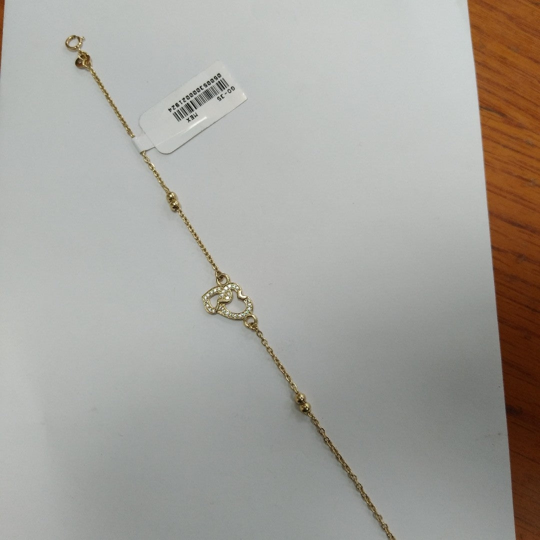 PULSERA TEJIDO ESPECIAL CORAZONES CON CIRCONIAS 14K 18 CM 2.4 GR (NUEVO)