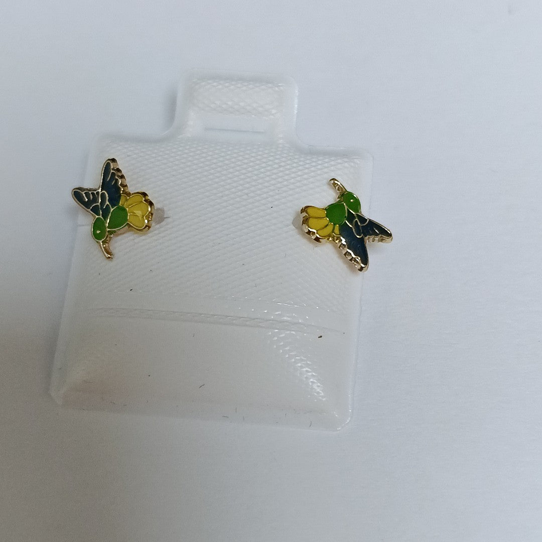 BROQUELES BROQUEL FIG COLIBRI ESMALTE VERDE 14K 0.2138 GR (NUEVO)