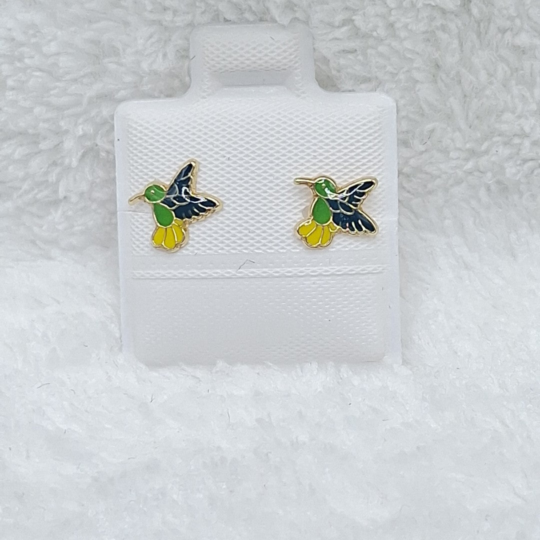 BROQUELES BROQUEL FIG COLIBRI ESMALTE VERDE 14K 0.2138 GR (NUEVO)