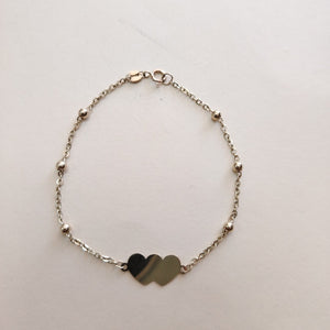 PULSERA TEJIDO ESPECIAL CON DOS CORAZONES 14K 18 CM 1.7 GR (NUEVO)