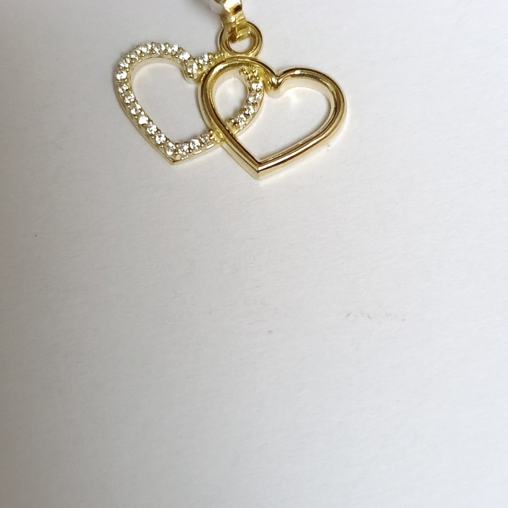 DIJE TEJIDO DOS CORAZONES CON CIRCONIAS 14K 1.4 GR (NUEVO)