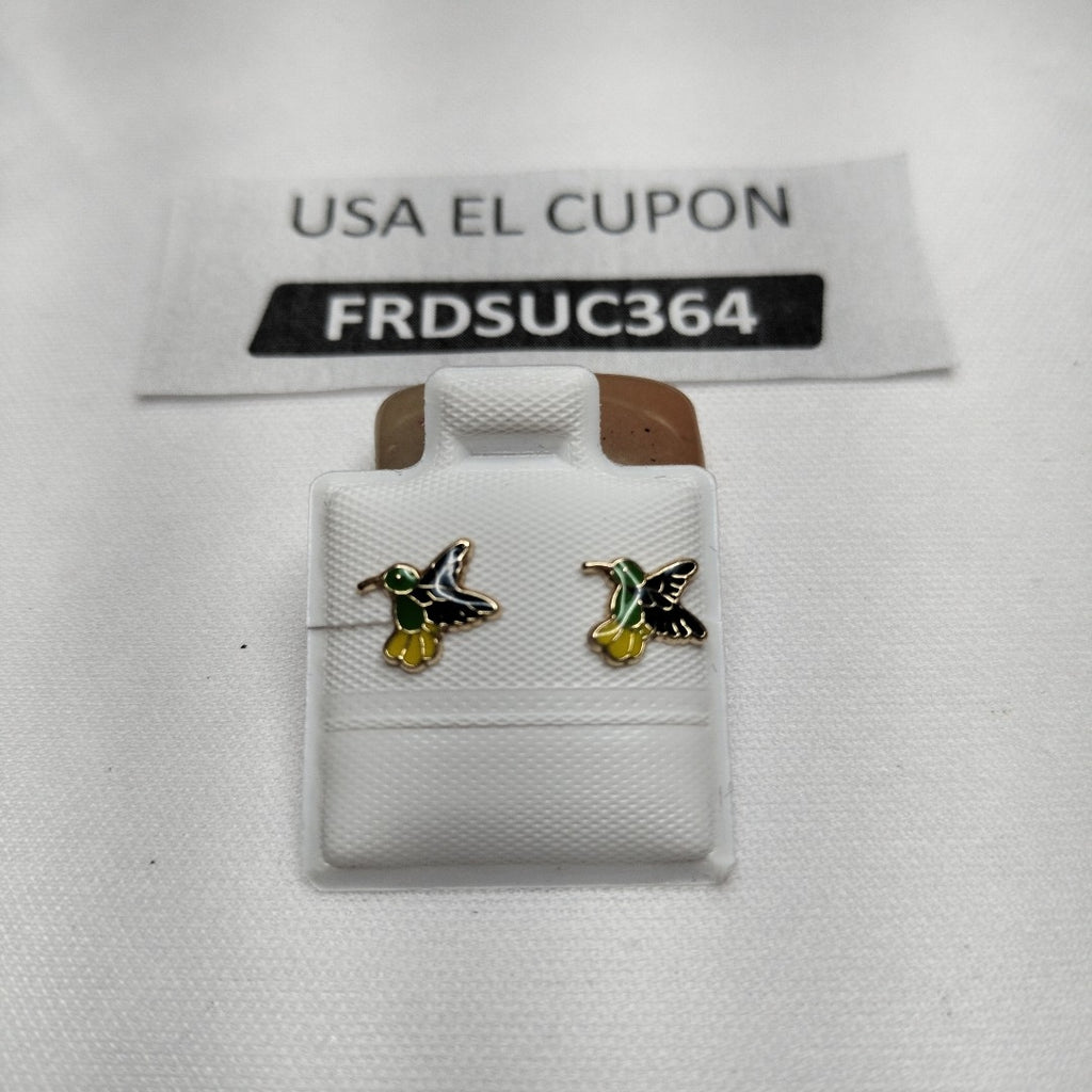 BROQUELES BROQUEL FIG COLIBRI ESMALTE VERDE 14K 0.2138 GR (NUEVO)