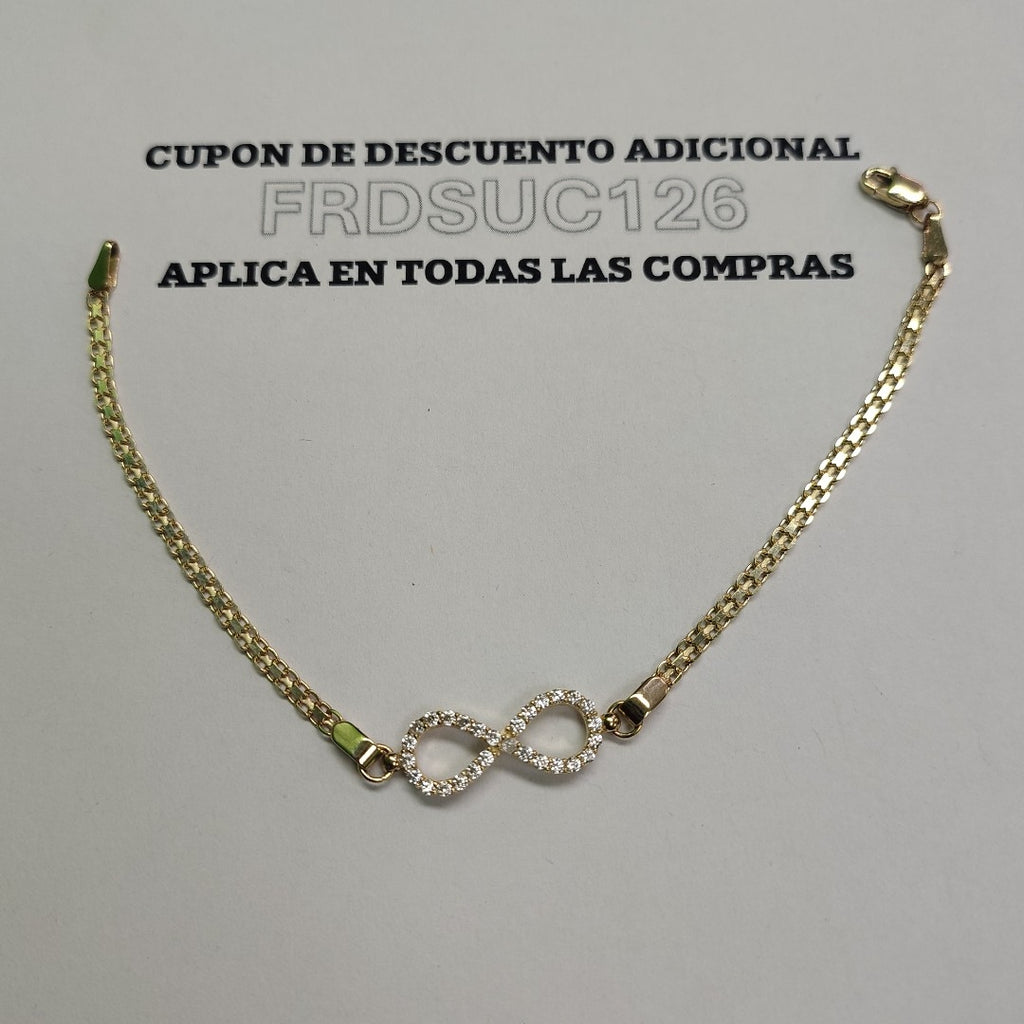 PULSERA TEJIDO ESPECIAL CON INFINITO Y CIRCONIAS 14K 18 CM 3.4 GR (NUEVO)