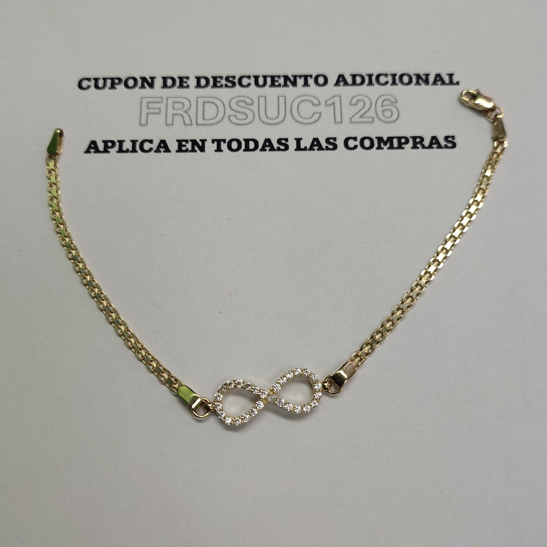 PULSERA TEJIDO ESPECIAL CON INFINITO Y CIRCONIAS 14K 18 CM 3.4 GR (NUEVO)