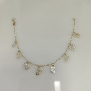 PULSERA ESPECIAL CON DIJES Y CIRCONIAS 14K 18 CM 3.4 GR (NUEVO)