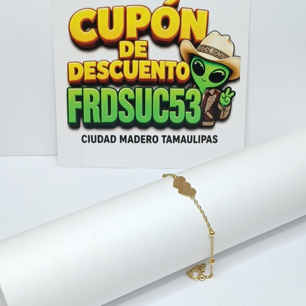 PULSERA TEJIDO ESPECIAL CON DOS CORAZONES 14K 18 CM 1.7 GR (NUEVO)