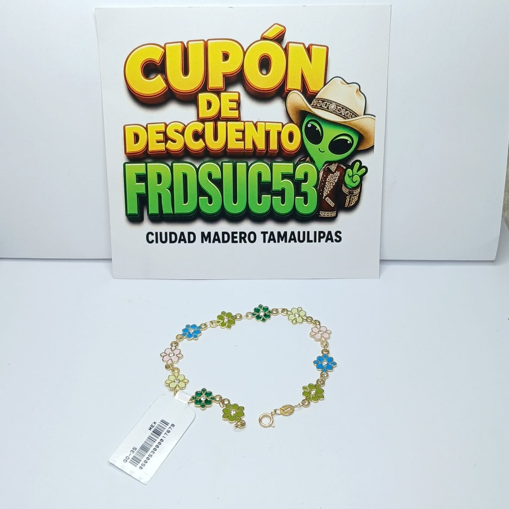 PULSERA ESPECIAL FLORES CON ESMALTE 14K 18 CM 4.5 GR (NUEVO)