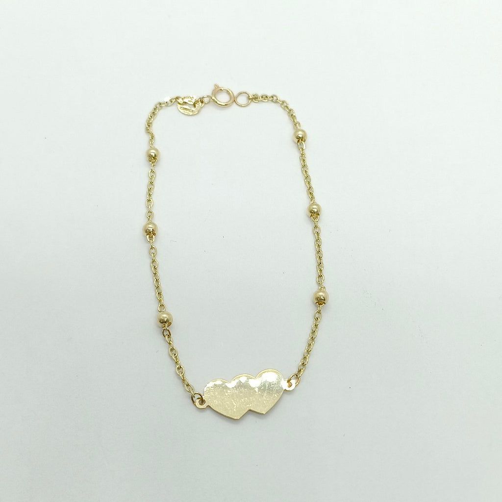 PULSERA TEJIDO ESPECIAL CON DOS CORAZONES 14K 18 CM 1.8 GR (NUEVO)
