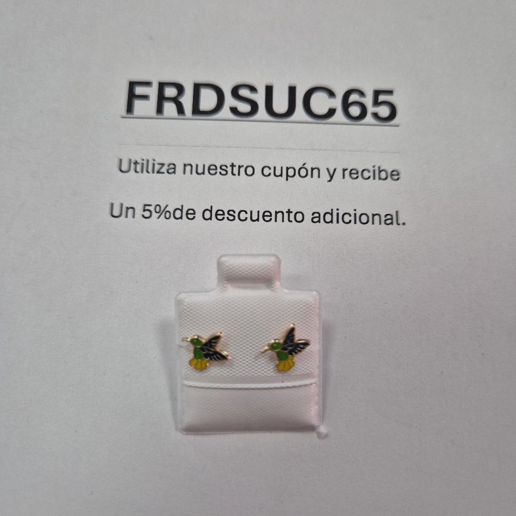BROQUELES BROQUEL FIG COLIBRI ESMALTE VERDE 14K 0.2138 GR (NUEVO)