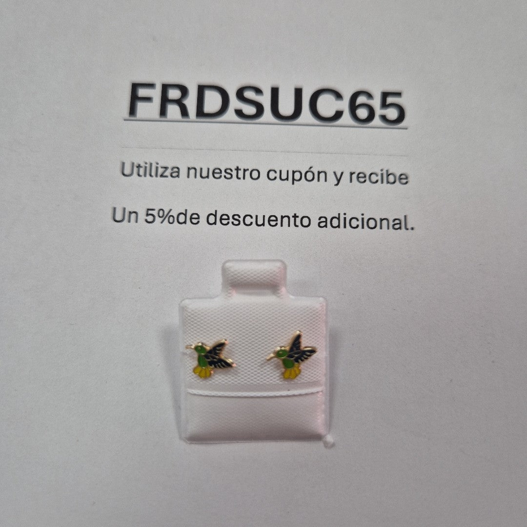 BROQUELES BROQUEL FIG COLIBRI ESMALTE VERDE 14K 0.2138 GR (NUEVO)