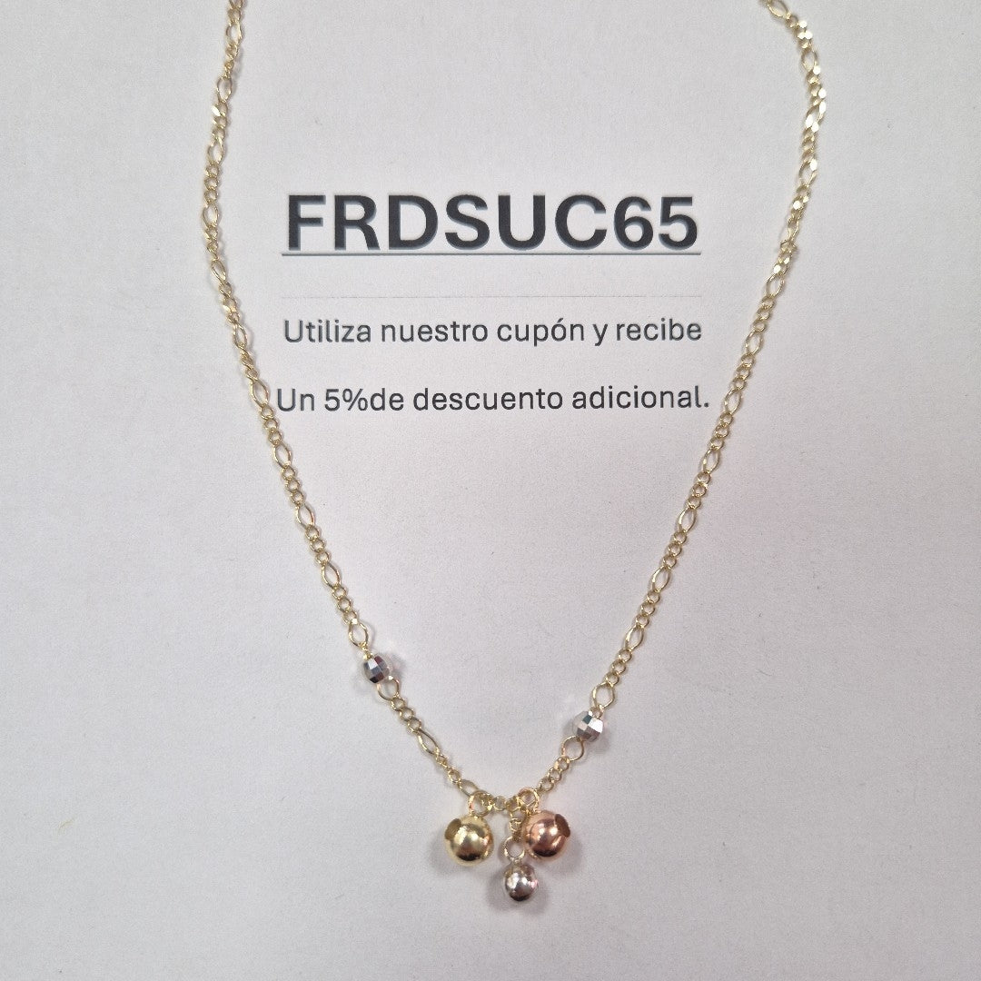CADENA GARGANTILLA 3X1 CON ESFERAS COMBINADAS 14K 45 CM 3 GR (NUEVO)