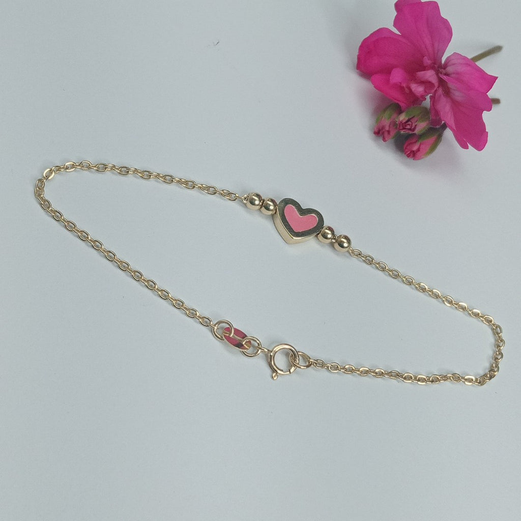 PULSERA TEJIDO ESPECIAL CON FIGURA CORAZON CON ESMALTE ROSA 14K 18 CM 2 GR (NUEVO)