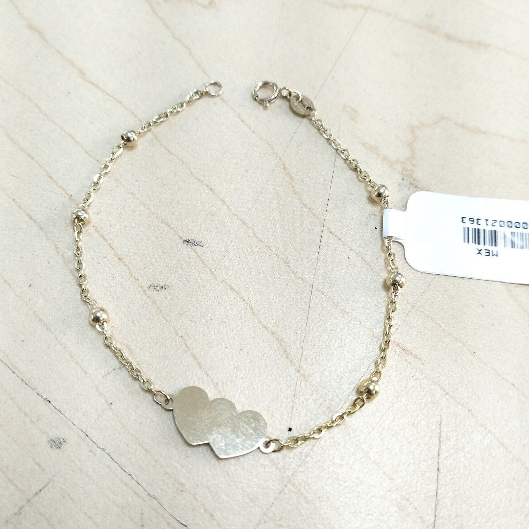 PULSERA TEJIDO ESPECIAL CON DOS CORAZONES 14K 18 CM 1.8 GR (NUEVO)
