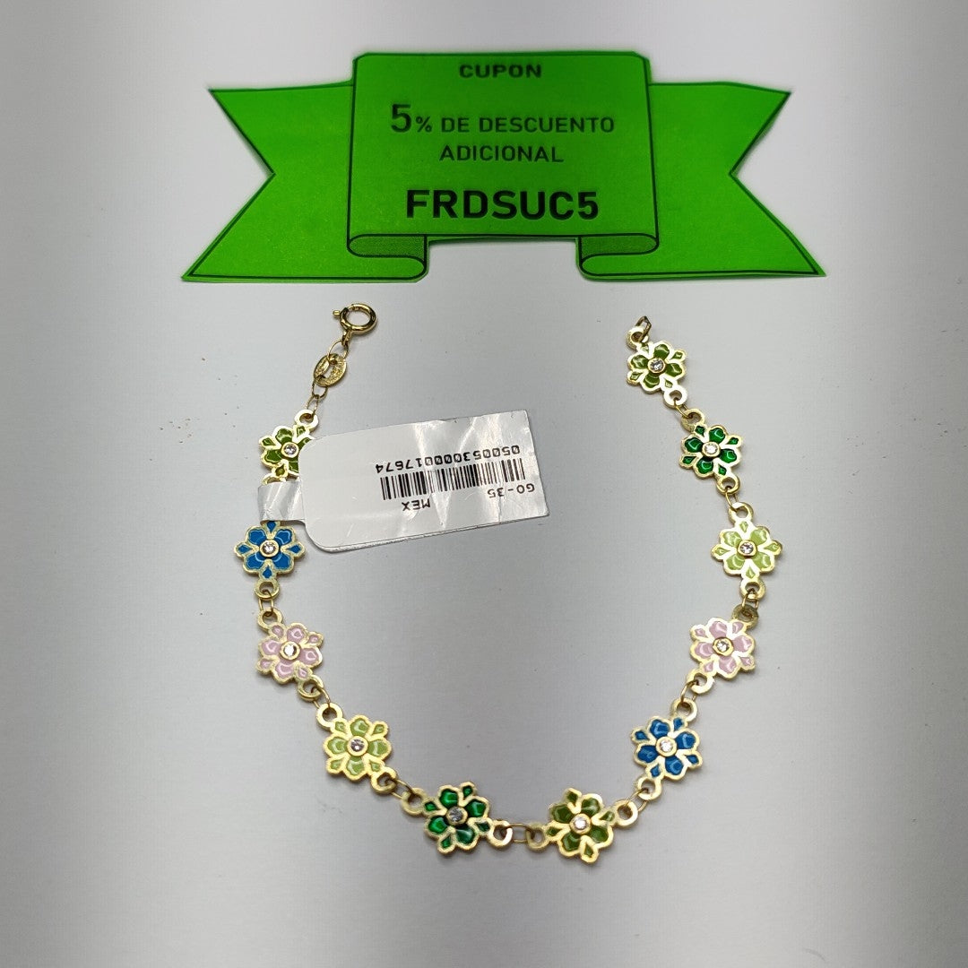 PULSERA ESPECIAL FLORES CON ESMALTE 14K 18 CM 4.5 GR (NUEVO)