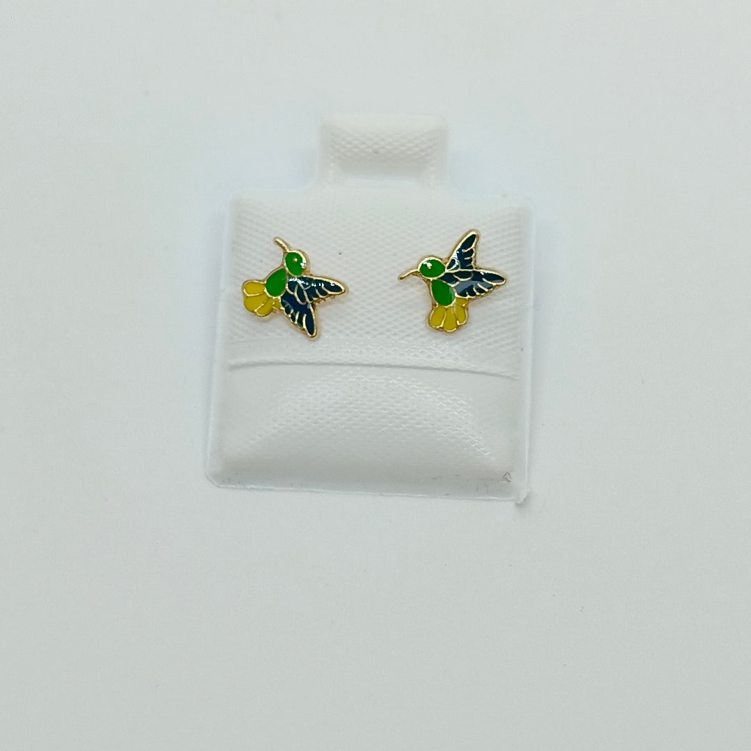 BROQUELES BROQUEL FIG COLIBRI ESMALTE VERDE 14K 0.2138 GR (NUEVO)
