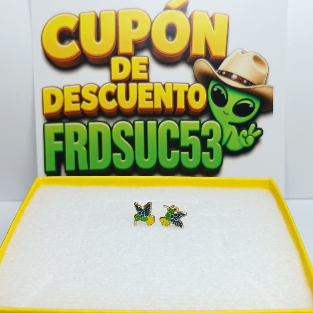 BROQUELES BROQUEL FIG COLIBRI ESMALTE VERDE 14K 0.2138 GR (NUEVO)