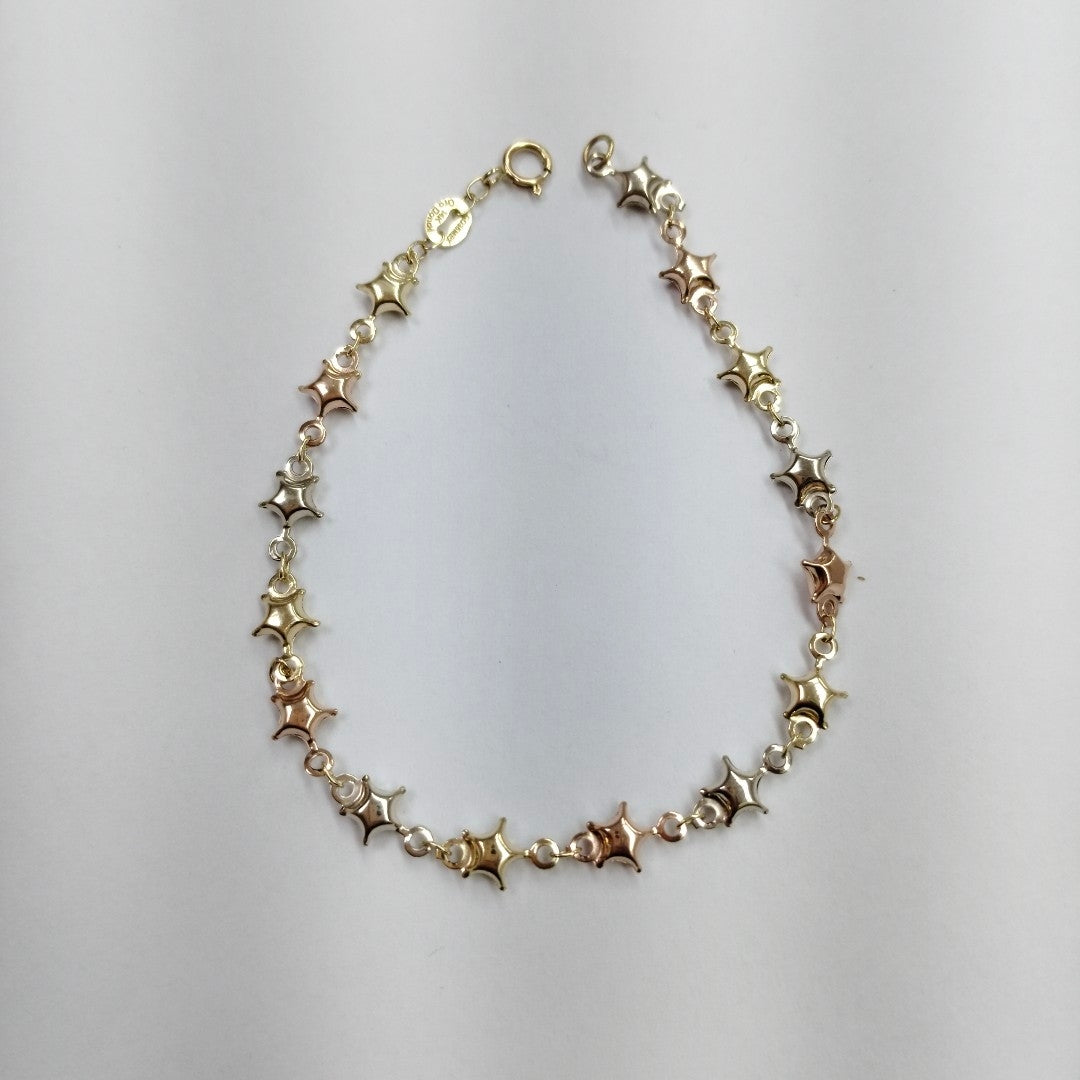 PULSERA TEJIDO ESPECIAL ESTRELLAS COMBINADAS 14K 18 CM 2.2 GR (NUEVO)