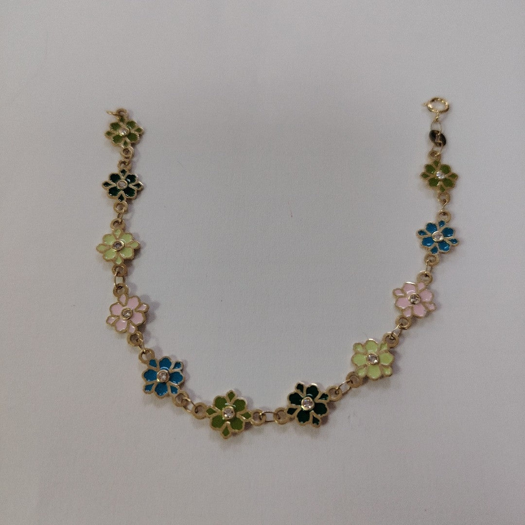 PULSERA ESPECIAL FLORES CON ESMALTE 14K 18 CM 4.5 GR (NUEVO)