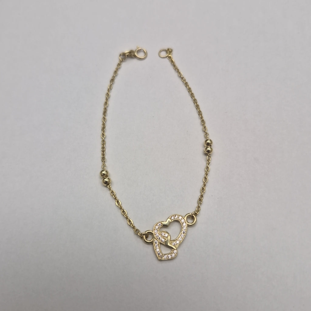 PULSERA TEJIDO ESPECIAL CORAZONES CON CIRCONIAS 14K 18 CM 2.4 GR (NUEVO)
