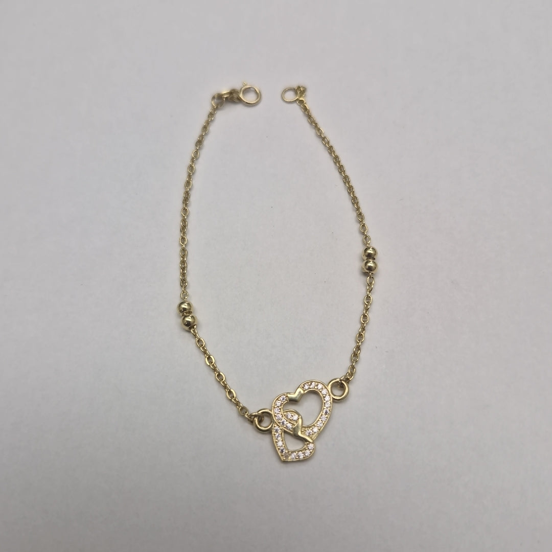 PULSERA TEJIDO ESPECIAL CORAZONES CON CIRCONIAS 14K 18 CM 2.4 GR (NUEVO)