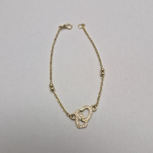 PULSERA TEJIDO ESPECIAL CORAZONES CON CIRCONIAS 14K 18 CM 2.4 GR (NUEVO)