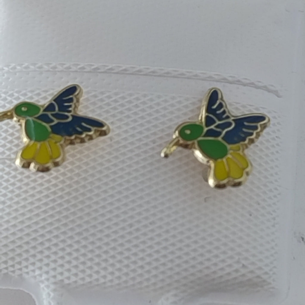 BROQUELES BROQUEL FIG COLIBRI ESMALTE VERDE 14K 0.2138 GR (NUEVO)