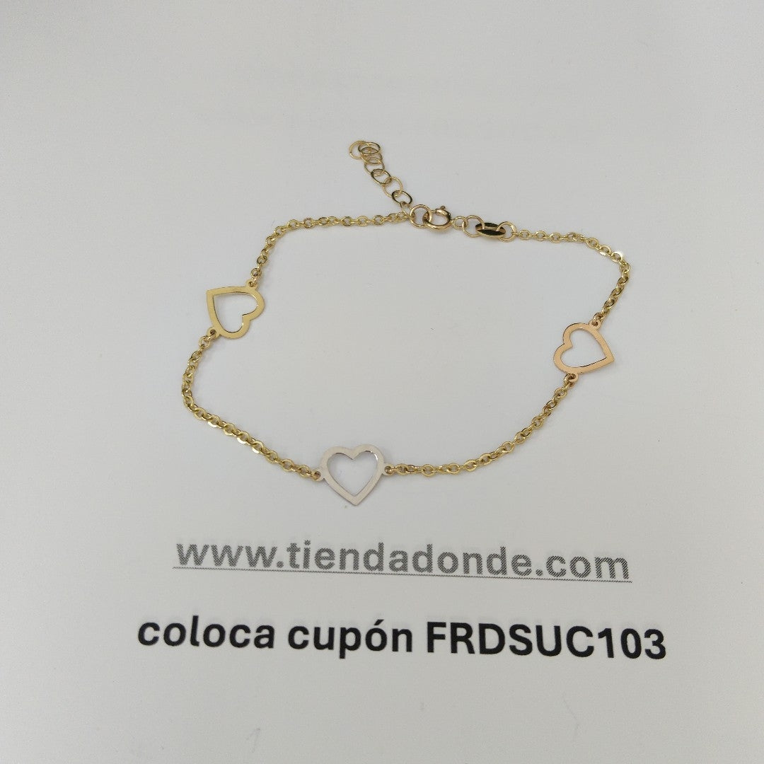 PULSERA ESPECIAL CON CORAZONES CONBINADOS 14K 18 CM 1.7 GR (NUEVO)