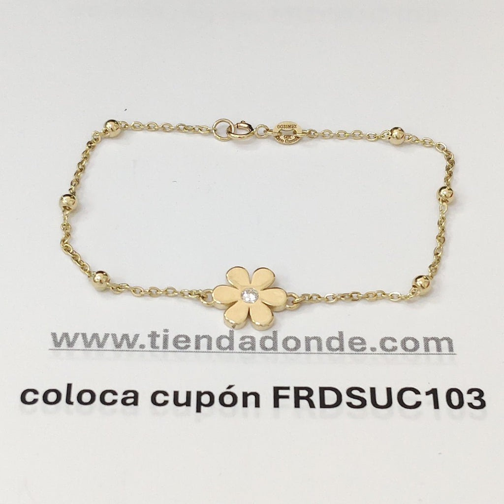 PULSERA TEJIDO ESPECIAL FLOR CON CIRCONIA 14K 18 CM 2.7 GR (NUEVO)
