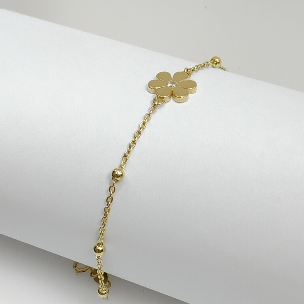 PULSERA TEJIDO ESPECIAL FLOR CON CIRCONIA 14K 18 CM 2.5 GR (NUEVO)