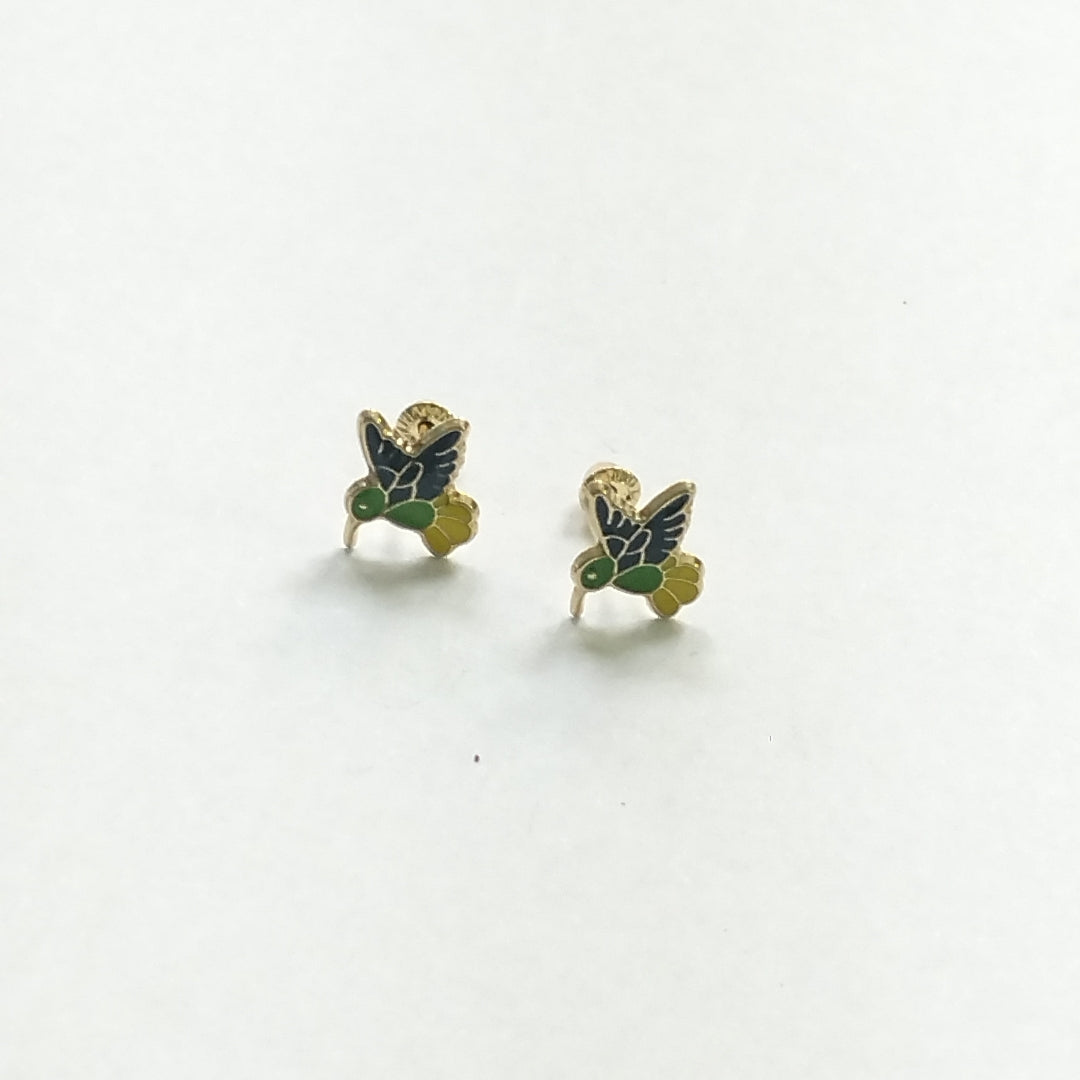 BROQUELES BROQUEL FIG COLIBRI ESMALTE VERDE 14K 0.2138 GR (NUEVO)
