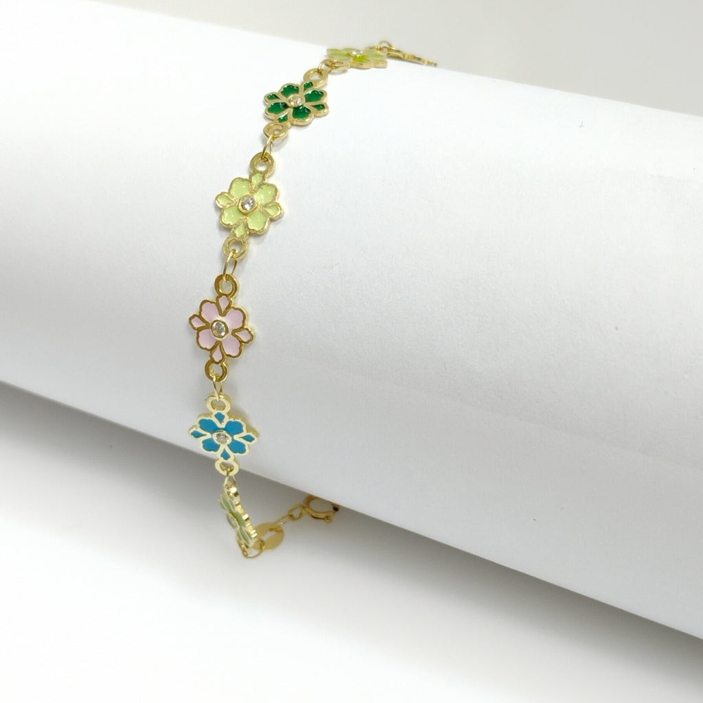 PULSERA ESPECIAL FLORES CON ESMALTE 14K 18 CM 4.5 GR (NUEVO)