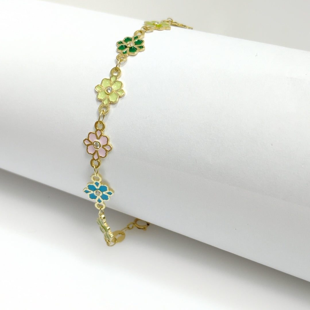PULSERA ESPECIAL FLORES CON ESMALTE 14K 18 CM 4.5 GR (NUEVO)