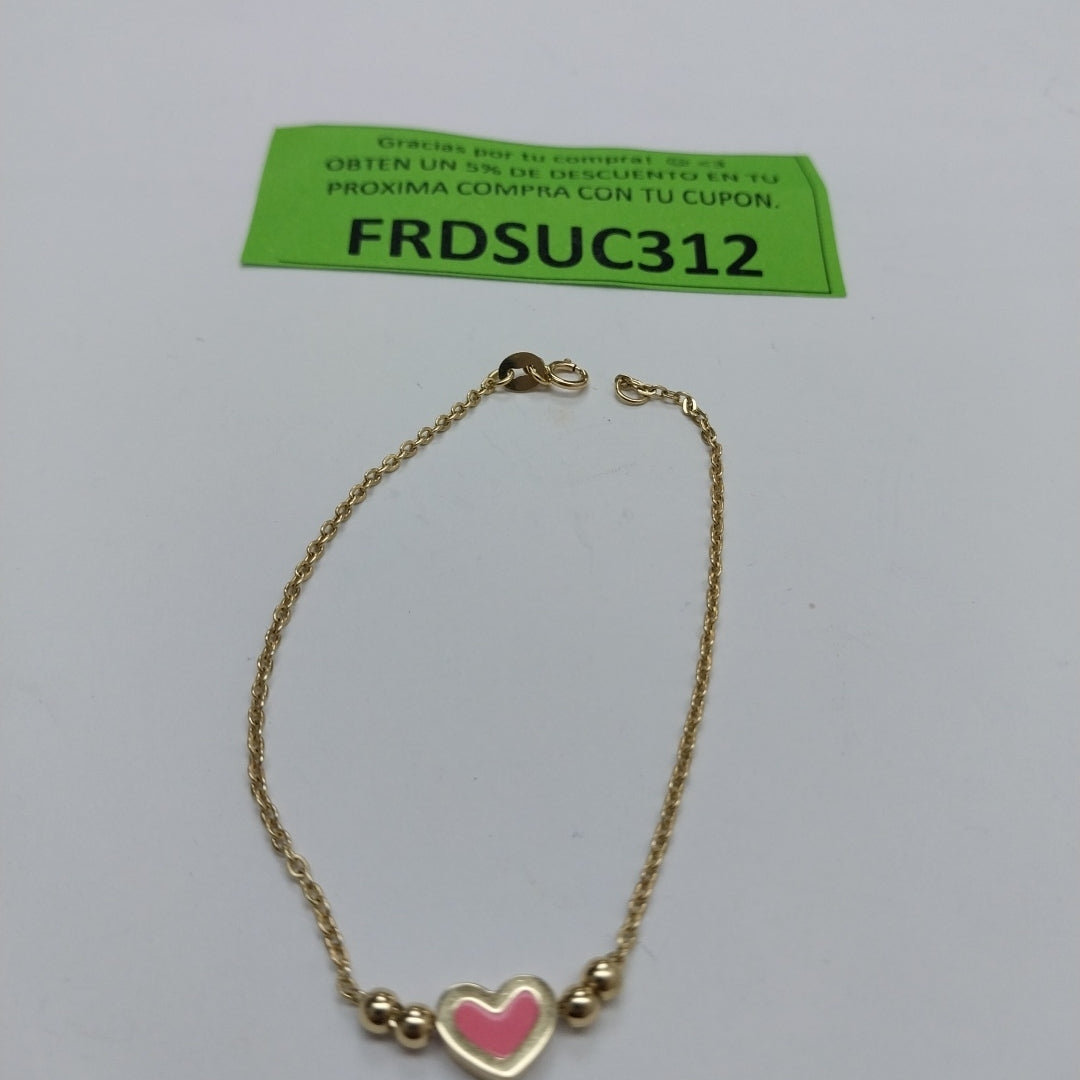PULSERA TEJIDO ESPECIAL CON FIGURA CORAZON CON ESMALTE ROSA 14K 18 CM 2 GR (NUEVO)