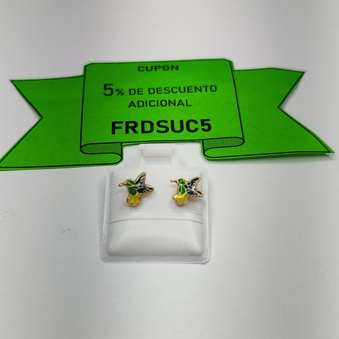 BROQUELES BROQUEL FIG COLIBRI ESMALTE VERDE 14K 0.2138 GR (NUEVO)