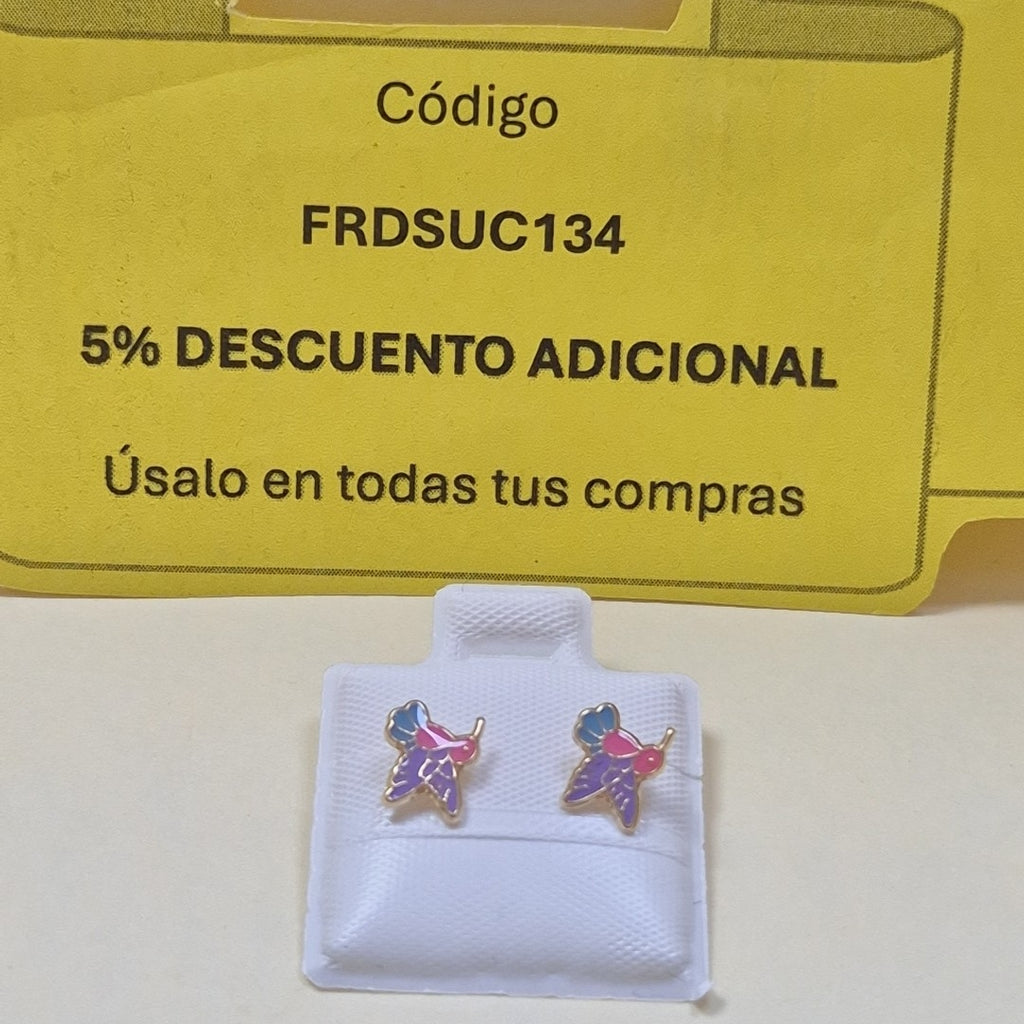BROQUELES BROQUEL FIG COLIBRI ESMALTE ROSA 14K 0.2138 GR (NUEVO)
