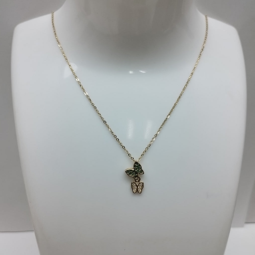 CADENA TEJIDO GARGANTILLA CON DIJE MARIPOSAS CIRCONIAS Y PIEDRAS DE COLOR 14K 45 CM 2 GR (NUEVO)