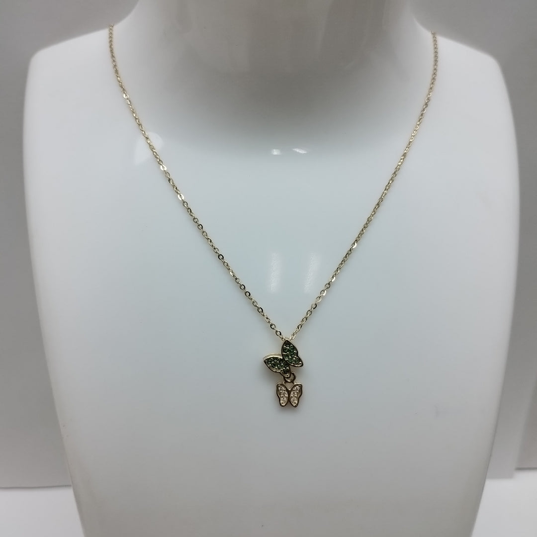 CADENA TEJIDO GARGANTILLA CON DIJE MARIPOSAS CIRCONIAS Y PIEDRAS DE COLOR 14K 45 CM 2 GR (NUEVO)