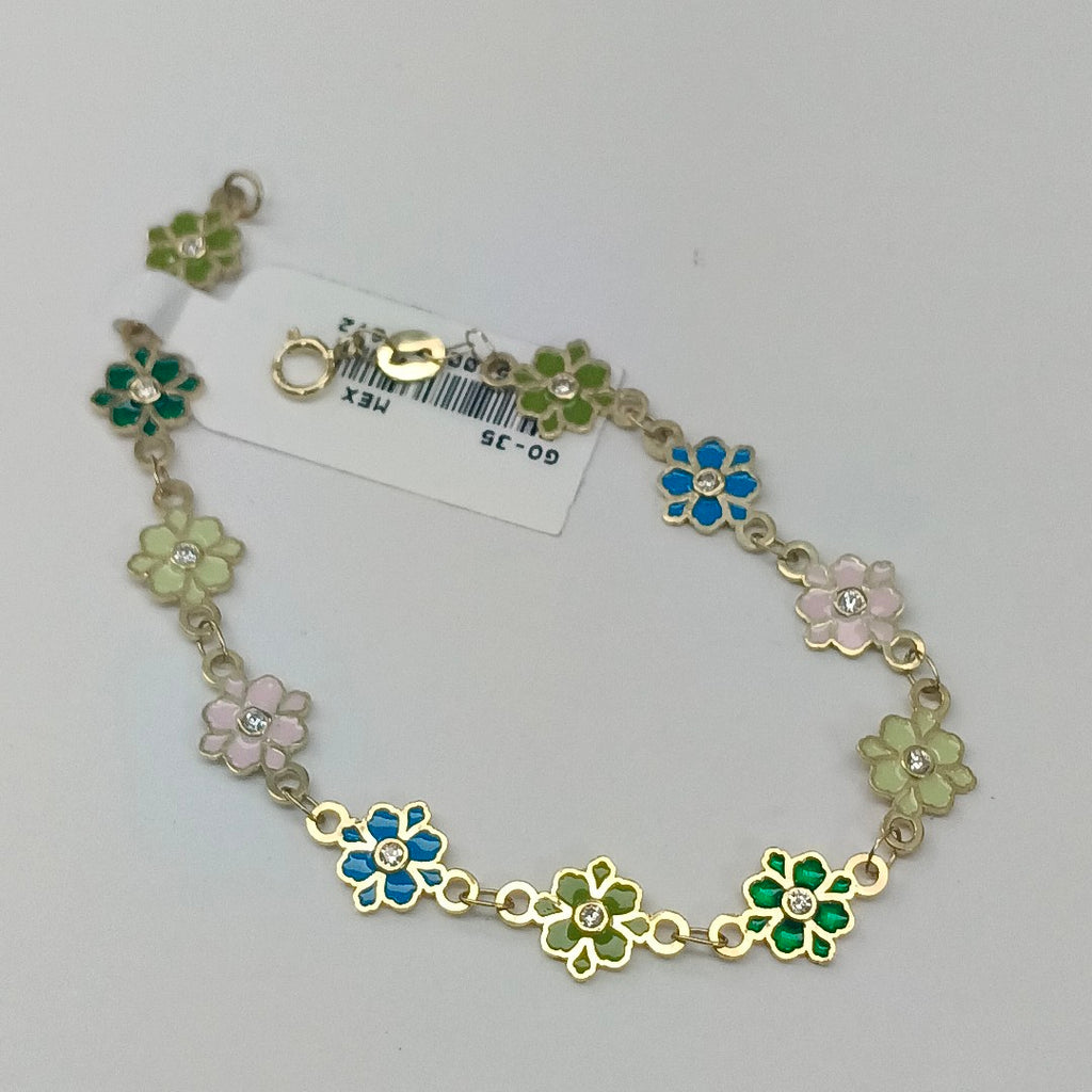 PULSERA ESPECIAL FLORES CON ESMALTE 14K 18 CM 4.5 GR (NUEVO)