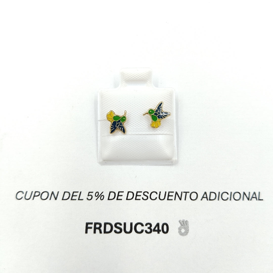 BROQUELES BROQUEL FIG COLIBRI ESMALTE VERDE 14K 0.2138 GR (NUEVO)