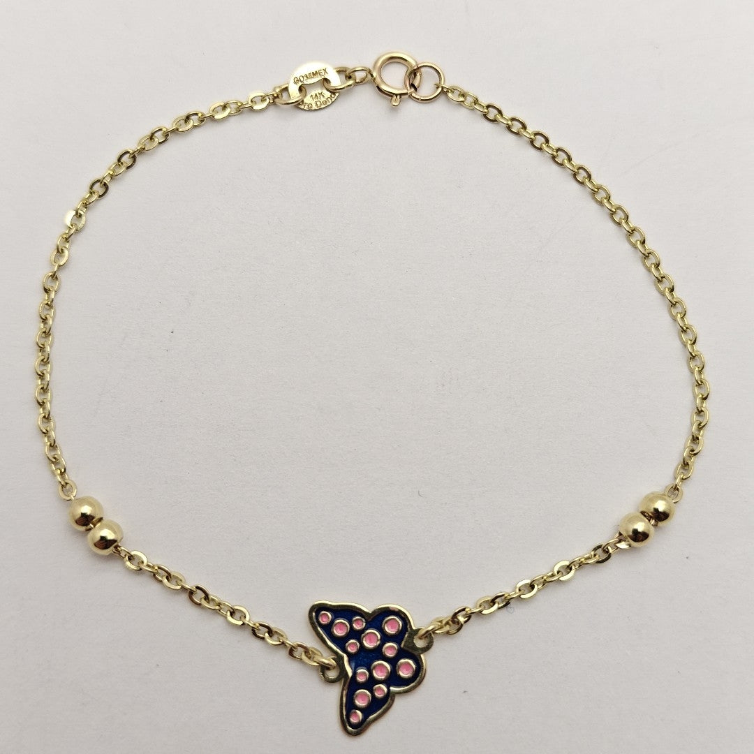 PULSERA TEJIDO ESPECIAL MARIPOSA CON ESMALTE 14K 18 CM 1.8 GR (NUEVO)