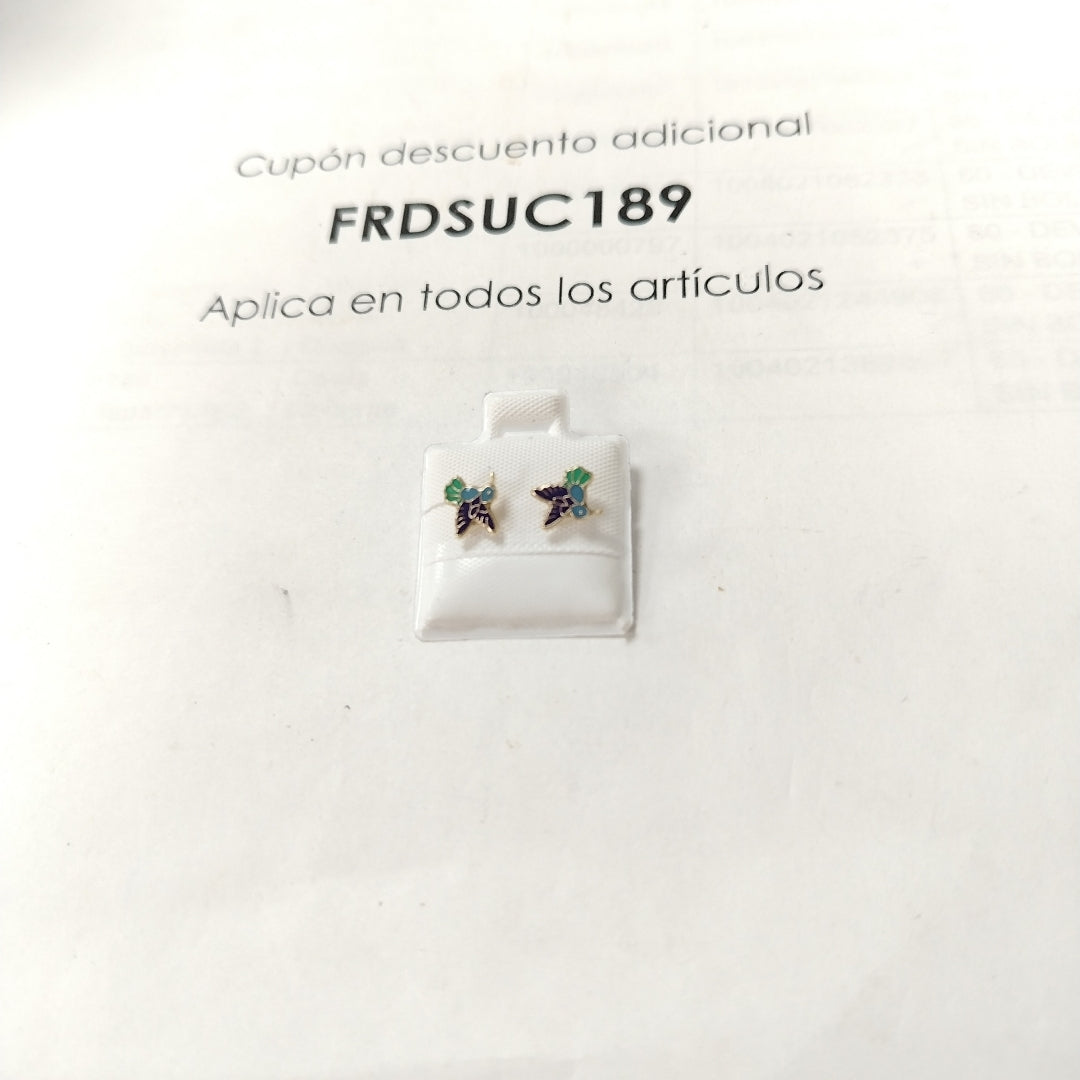 BROQUELES BROQUEL FIG COLIBRI ESMALTE AZUL 14K 0.2138 GR (NUEVO)
