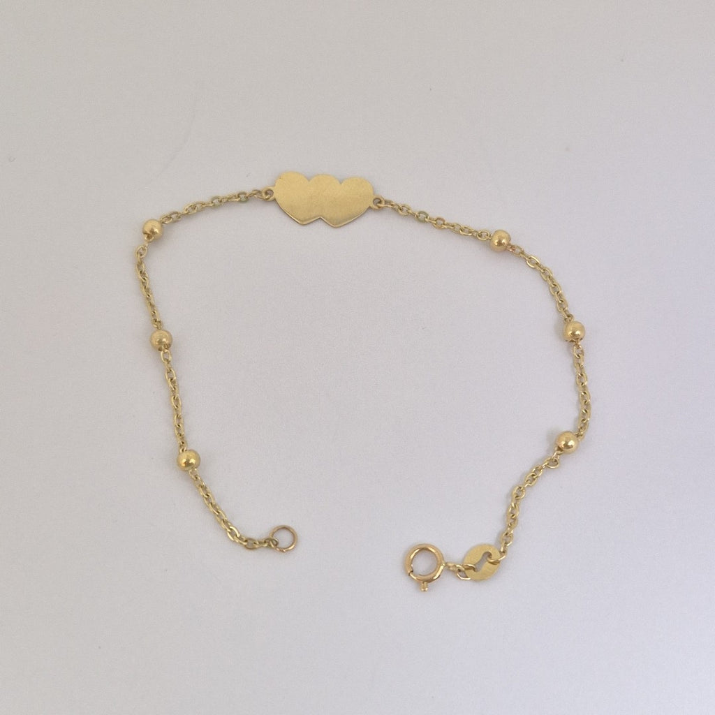 PULSERA TEJIDO ESPECIAL CON DOS CORAZONES 14K 18 CM 1.7 GR (NUEVO)